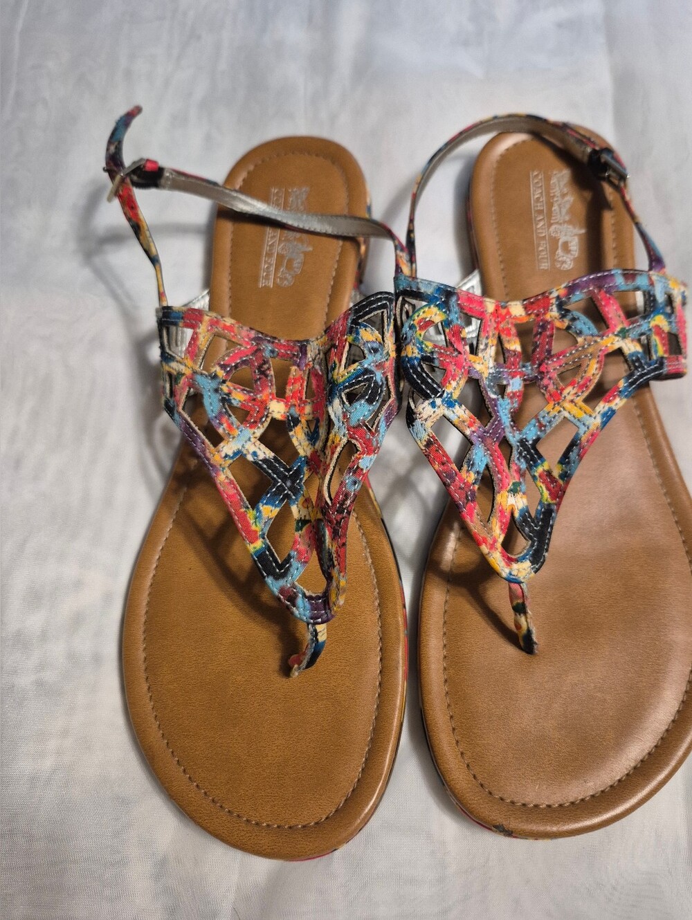 Coach and Four Size 9 Women's Multicolor Braided Thong Sandals - Tan Footbed